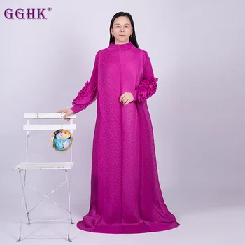 GGHK Miyake, высококачественные плиссированные платья большого размера, Новинка 2023 года, женские вечерние платья с круглым вырезом и грибком и длинным рукавом