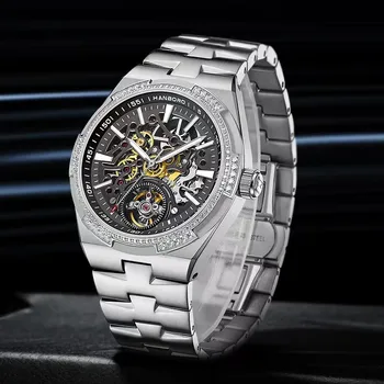 HANBORO Деловые мужские автоматические часы Выдалбливают Роскошные Механические мужские наручные часы Светящиеся Модные Элегантные мужские часы