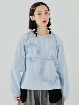IMAKOKONI оригинальный дизайн, синяя рубашка-пуловер с круглым вырезом и длинными рукавами, кружевная строчка в полоску, летняя тонкая модель, женская 224006