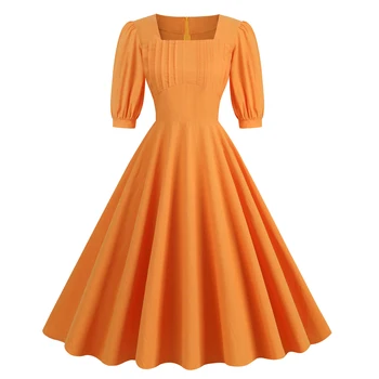 SISHION 2023, новые платья с завышенной талией и коротким рукавом, SR675, хлопковые летние платья для свадьбы и пикника с квадратным вырезом в стиле Рокабилли, Оранжевые платья
