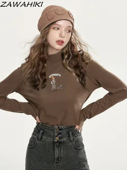 Y2K Эстетический буквенный мультяшный принт, тонкая футболка с имитацией шеи и длинным рукавом, женская теплая Корейская мода, универсальные Шикарные Сладкие низы