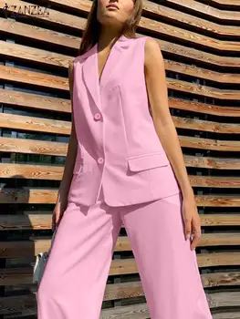 ZANZEA Модные брючные комплекты из 2 предметов, женские розовые жилеты, уличная одежда, спортивные костюмы, элегантные брючные костюмы с эластичной талией, летние комплекты в тон.