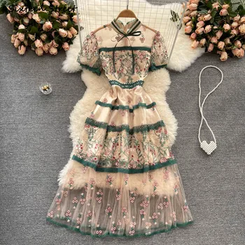 Винтажное зеленое сетчатое платье с вышивкой, женские летние вечерние платья с круглым вырезом, женское дворцовое платье с коротким рукавом, Vestido,