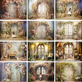 Двери в сад, фоны, Детский Весенний Реквизит для фотосъемки, Детская Фотосессия для взрослых и девочек, Кантри, Розовая Роза, Цветочный фон с кроликом