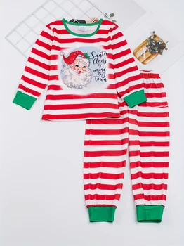 Детская пижама в полоску из 2 предметов, Комплект с топом и штанами с рисунком Санта-Клауса, Удобная пижама в рождественском стиле, Одежда для отдыха Для маленьких девочек
