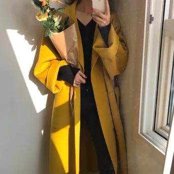 Женская зимняя шерстяная куртка с отворотом, Шерстяное длинное пальто, кардиган, Элегантная теплая Свободная верхняя одежда с повязкой, с карманом, Черный, желтый, плюс Размер