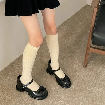 Женские длинные носки, Кашемировые женские ботинки, Однотонный шерстяной чулок до бедра, Обтягивающий повседневный хлопковый пушистый женский длинный носок до колена