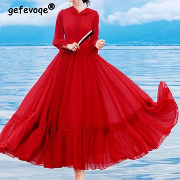 Женские кружевные платья в этническом стиле в стиле ретро, Элегантные вечерние платья, Модные красно-белые бандажные платья-макси с большими размахами, пляжный халат с длинным рукавом