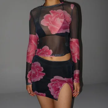 Женские летние наряды из 2 предметов, прозрачные топы с длинными рукавами, Комплект из облегающей юбки с цветочным рисунком
