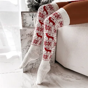 Женские рождественские осенне-зимние вязаные хлопчатобумажные носки Рождественские вязаные шерстяные чулки выше колена