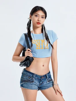 Женские укороченные топы с принтом Y2K, милые летние футболки с рисунком в стиле панк, футболки для подростков, эстетичный топ для девочек, уличная одежда