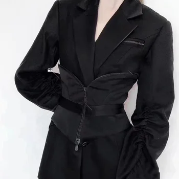 Женский черный модный жилет на молнии в стиле ретро с эластичным поясом, декоративная рубашка, свитер Ngvp #nigo7139