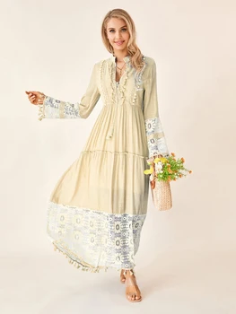 Женское богемное платье макси с цветочным кружевом, длинным рукавом и рюшами, платье-качели, струящееся пляжное платье для вечеринки с кисточками, плюс размер