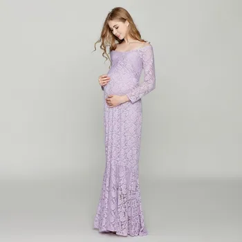 Женское кружевное платье для беременных с открытыми плечами и длинным рукавом для фотосессии, макси-платье трапециевидной формы для душа ребенка
