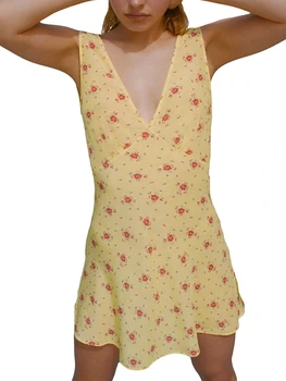 Женское летнее мини-платье на бретелях с цветочным принтом, V-образный вырез, без рукавов, с открытой спиной, на завязках, тонкое пляжное платье