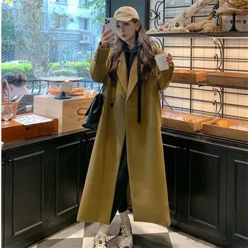 Женское осенне-зимнее корейское издание 2024 года, новое модное универсальное двубортное свободное шерстяное пальто средней длины для женщин