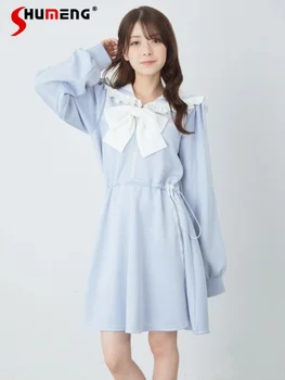 Женское платье-толстовка Sweet Mine массового производства, осень 2023, Новый японский стиль, милые платья с длинными рукавами и матросским воротником без банта