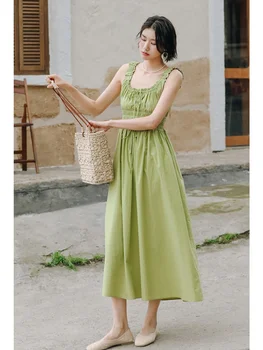Зеленое платье из чистого хлопка, высококачественное длинное платье с французским ремешком на талии, женское платье-бюстгальтер для летних каникул