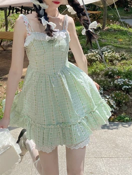 Клетчатое мини-платье Женская одежда Kawaill'а, короткое вечернее платье на бретелях, женское элегантное цельное платье без рукавов, Корея