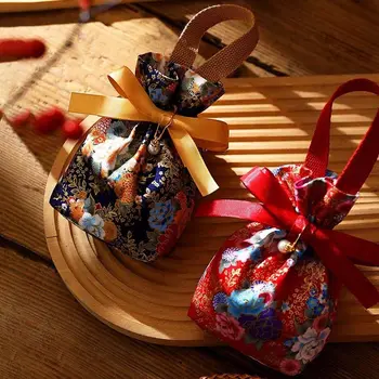 Корейский холщовый праздничный мешочек для сахара с цветочным бантом на шнурке, свадебная сумочка с жемчугом, ювелирный мешочек большой емкости