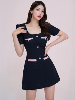 Корейское летнее Простое офисное платье, черное Женское платье 2023, Дизайнерские платья с хрустальными пуговицами, с коротким рукавом, элегантное платье Мини-длины