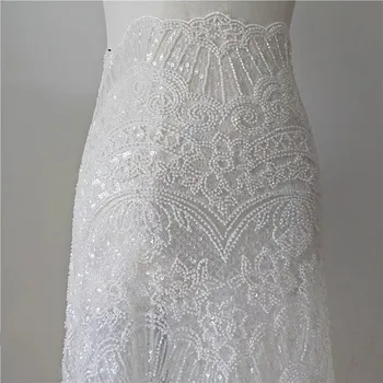 Кружевная ткань для одежды, роскошная тяжелая шаль ручной работы из бисера, расшитая блестками, белое кружевное цельное свадебное вечернее платье, ткань