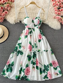 Летнее богемное пляжное платье с цветочным рисунком розы Женское сексуальное платье на бретельках с открытой спиной без бретелек с цветочным принтом и оборками Vestidos