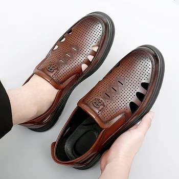 Летние новые деловые сандалии на толстой подошве для вождения, дышащая обувь для поездок на работу, Модные высококачественные дышащие сандалии из натуральной кожи