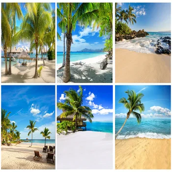 Летний тропический морской пляж, Пальмы, фон для фотосъемки, Природные живописные фотофоны, Фотосессия, Фотостудия 1911 CXZM-04