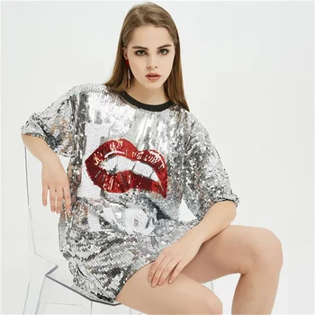  Летняя женская одежда свободного дизайна с коротким рукавом и буквенным принтом, уличная одежда в стиле хип-хоп с блестками на шее, футболка для ночного клуба в стиле хип-хоп