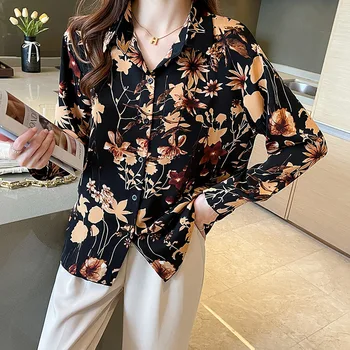 Летняя женская рубашка с длинными рукавами, Модный сшитый цветочный Тонкий женский топ из шифона в гонконгском стиле, повседневные блузки для девочек, одежда