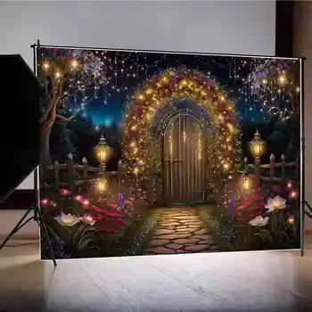ЛУНА.QG Фон, Золотая гирлянда, Сказочный фон для фото на день рождения, Детская арка, Деревянная дверь, вечеринка, студийная фотография, реквизит для съемок