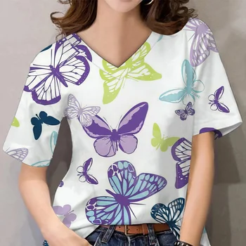 Модная Женская футболка с 3D принтом Бабочки, футболки с V-образным вырезом, Топы, Негабаритная Повседневная футболка Harajuku, Y2k, Уличная Женская одежда