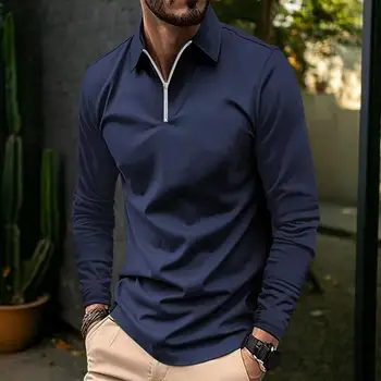 Модная мужская рубашка с длинным рукавом, однотонный мужской топ с отворотом, мягкий дышащий пуловер из смеси хлопка для повседневной носки