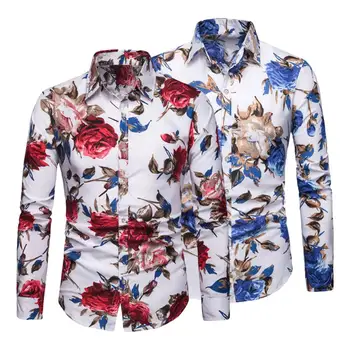 Мужская рубашка с отворотом, яркий цветочный принт, мужская весенне-летняя рубашка приталенного кроя из мягкой дышащей ткани с отложным воротником, длинная для мужчин