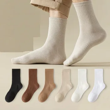 Мужские однотонные носки средней длины Осенне-зимние хлопчатобумажные носки унисекс Впитывают пот Дышащие баскетбольные спортивные носки