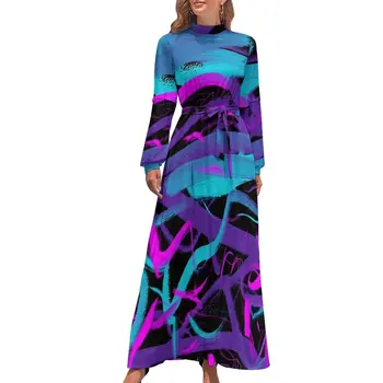 Неоновое платье с кисточками, абстрактное искусство, Милое графическое макси-платье с высокой талией и длинным рукавом, стильные пляжные платья в стиле бохо.