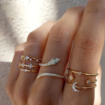 Новое кольцо Star Moon, креативное кольцо в виде змеи в стиле ретро, комбинированный набор из 7 предметов