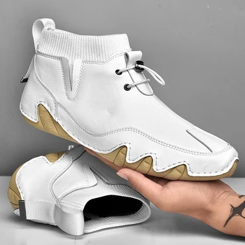 Новые мужские ботинки 2023, осенне-зимняя модная обувь, повседневная уличная роскошная кожаная мужская обувь, лоферы, Белые ботинки ручной работы, обувь с носком