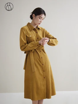 Платье с поясом DUSHU Зима 2023, Новый дизайн, женское платье средней длины с воротником-стойкой, красное, желтое, женское платье с длинным рукавом.