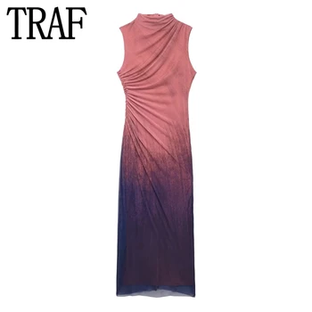 Платье-футляр из тюля с принтом TRAF 2024, женское сетчатое длинное платье с рюшами, женские элегантные платья Миди без рукавов, вечерние платья с высоким воротом