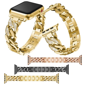 Ремешки Из нержавеющей Стали Для Apple Watch 8 Ultra Diamonds Браслет 45 мм Золотая Полоска Iwatch Band Series 7 6 5 4 3 2 1 Se 49 мм 44 мм