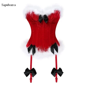 Рождественский корсетный топ для женщин, наряд Мисс Санта, бюстье, красный корсетный костюм, косплей, мода Плюс размер, сексуальный Красный, черный