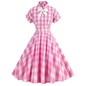 Розовое платье в клетку из хлопка SISHION с коротким рукавом и отложным воротником VD4173 Для женщин, дам 50-60-х годов, ретро-винтажные платья для празднования Дня рождения
