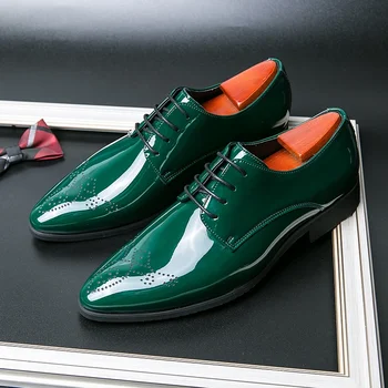 Роскошная брендовая Зеленая кожаная обувь, мужские дышащие вечерние туфли на шнуровке с острым носком, вечерние офисные туфли высокого качества, повседневная обувь