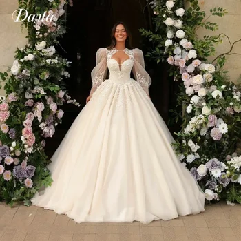 Роскошное кружевное бальное платье, свадебные платья для женщин 2023, Элегантное платье невесты с длинным пышным рукавом и вышивкой с круглым вырезом, открытая спина, шлейф