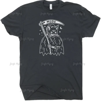 Рубашка с котом и жнецом, футболка с черным котом, рубашки со странным рисунком, уникальная веселая футболка с надписью 