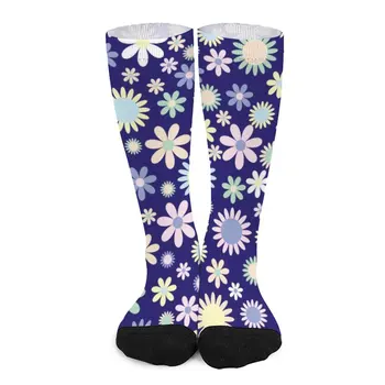 Синие чулки в цветочек, Носки в стиле ретро с милым цветочным принтом, зимние противоскользящие носки, женские спортивные мягкие дышащие носки