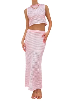 Стильный однотонный комплект из майки с V образным вырезом и длинной трикотажной облегающей юбки для женской летней одежды