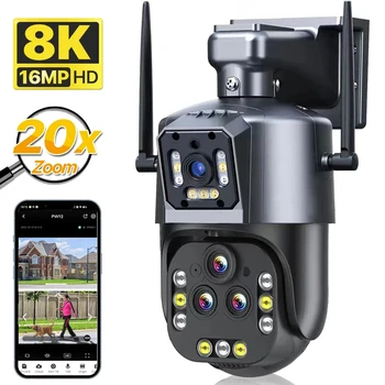 Ультра 8K 16MP 20-Кратный Зум WiFi IP PTZ Камера AI Автоматическое Отслеживание Наружная 100-метровая Безопасность Четырехобъективная 360 ° PTZ Камера Видеонаблюдения CCTV